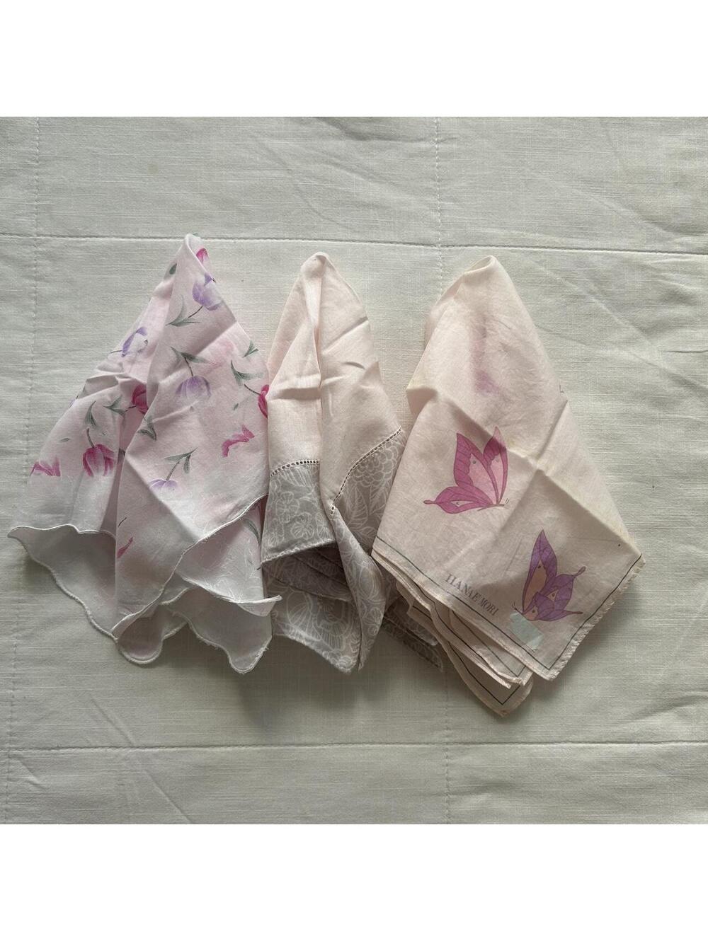 Pink Floral Butterfly Bandana Scarf Set of 3 Scalloped Trim Feminine